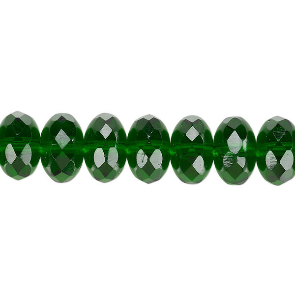 Bead, Czech fire-polished glass, emerald green, 11x7mm faceted rondelle. Sold per 15-1/2" to 16" strand. image number 0