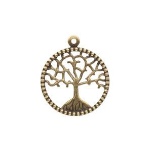Charm, brass, 20mm single-sided flat round with cutout tree of life. Sold per pkg of 4.