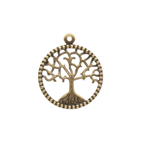 Charm, brass, 20mm single-sided flat round with cutout tree of life. Sold per pkg of 4. image number 0
