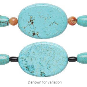 Bead mix, "turquoise" (imitation) resin / red agate (dyed / heated) / glass, light blue / black / blue-green, 6mm round / 13x8mm barrel / 35x25mm flat oval. Sold per pkg of 7.