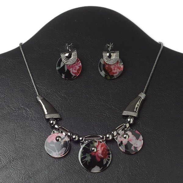 Necklace and earring set, resin with gunmetal-finished "pewter" (zinc-based alloy) and steel, multicolored, round with rose design, 16 inches with 3-inch extender chain and lobster claw clasp, 1-1/2 inch earrings with leverback ear wire. Sold per set. image number 0