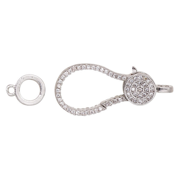 Clasp, lobster claw, cubic zirconia and silver-plated brass, clear, 24.5x12.5mm double-sided with 7.5mm ring. Sold individually. image number 0