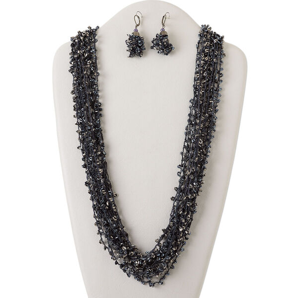 Necklace and earring set, multi-strand, gunmetal-plated steel and brass / glass / organza ribbon, hexagon bugle beads, 40 inches with tie closure, 2-1/2 inch earrings with leverback ear wire. Sold per set. image number 0