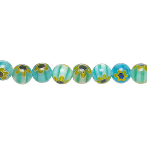 Bead, millefiori glass 1pkg1, translucent aqua / golden yellow / dark blue, 6mm round, 15 inches.