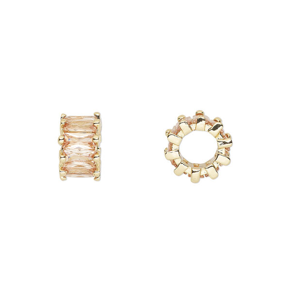 Bead, cubic zirconia and gold-plated brass, topaz, 10.5x6mm rondelle. Sold per pkg of 2. image number 0