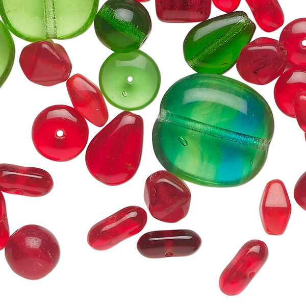 Bead mix 1pkg1, Preciosa Czech pressed glass, transparent green and red, 4mm-17x16mm mixed shapes, 50 grams. image number 0