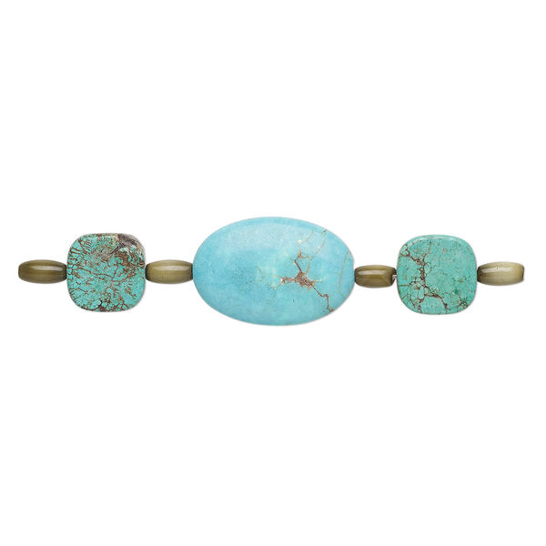 Bead mix, "turquoise" (imitation) resin and cat's eye glass, teal green / blue green / camo green, 8x5mm-9x6mm barrel / 15x15mm-16x16mm flat rounded square / 30x20mm puffed oval. Sold per pkg of 7. image number 0