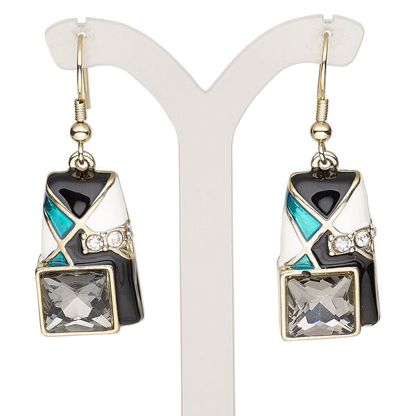 Earring, glass rhinestone / enamel / glass / gold-finished brass / "pewter" (zinc-based alloy), multicolored, 1-3/4 inches with rectangle and fishhook ear wire. Sold per pair. image number 0