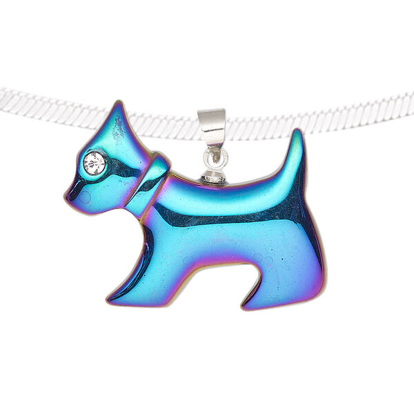Pendant, electroplated Hemalyke™ (man-made) / glass / silver-finished brass, rainbow and clear, 28x25 mm single-sided dog. Sold individually. image number 0