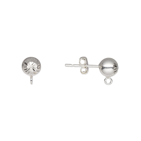 Earstud, sterling silver, 6mm diamond-cut ball with loop. Sold per pair. image number 0