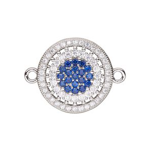 Link, cubic zirconia and silver-finished brass, clear and dark blue, 19mm single-sided round. Sold individually.