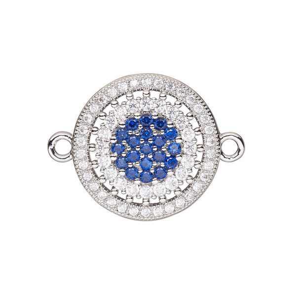 Link, cubic zirconia and silver-finished brass, clear and dark blue, 19mm single-sided round. Sold individually. image number 0