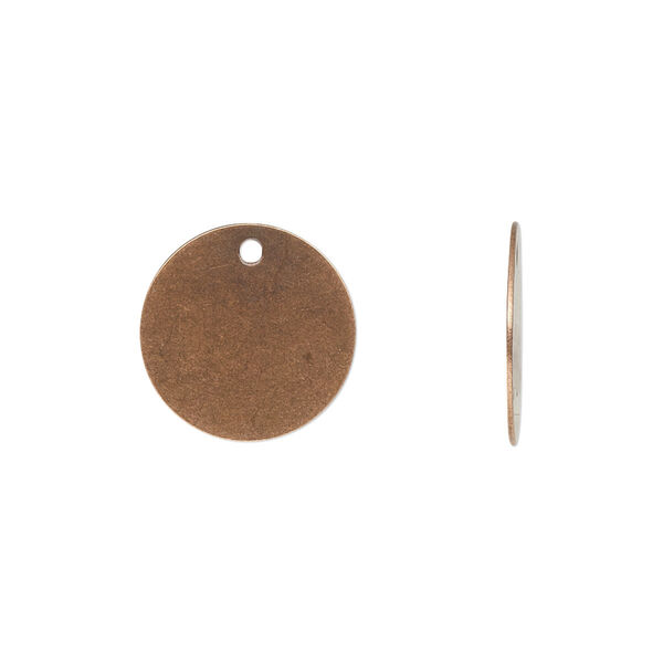 Drop, antique copper-plated brass, 15mm flat round. Sold per pkg of 50. image number 0