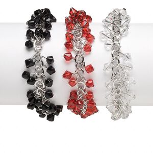 Bracelet, glass and imitation rhodium-plated steel, clear / red / black, 6mm bicone, 8 inches with lobster claw clasp. Sold per pkg of 3.