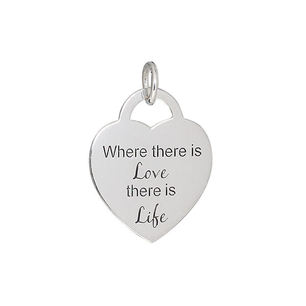 Drop, sterling silver and enamel, 19x18mm heart with "Where there is Love there is Life." Sold individually. image number 0