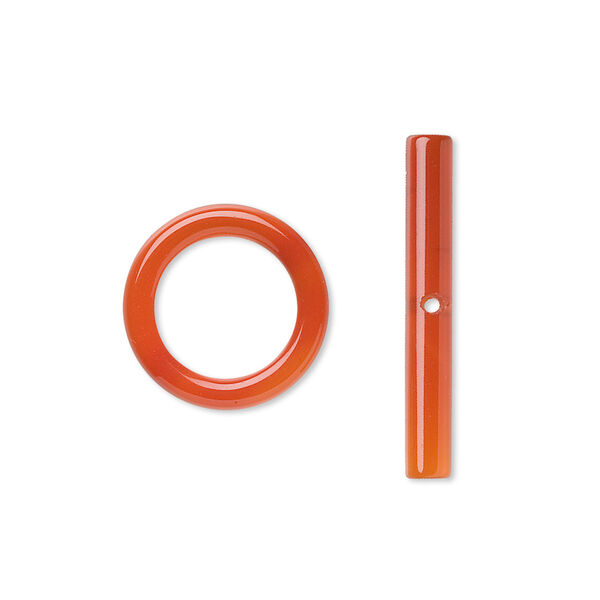 Clasp, toggle, red agate (dyed / heated), 15mm round, B grade, Mohs hardness 6-1/2 to 7. Sold individually. image number 0
