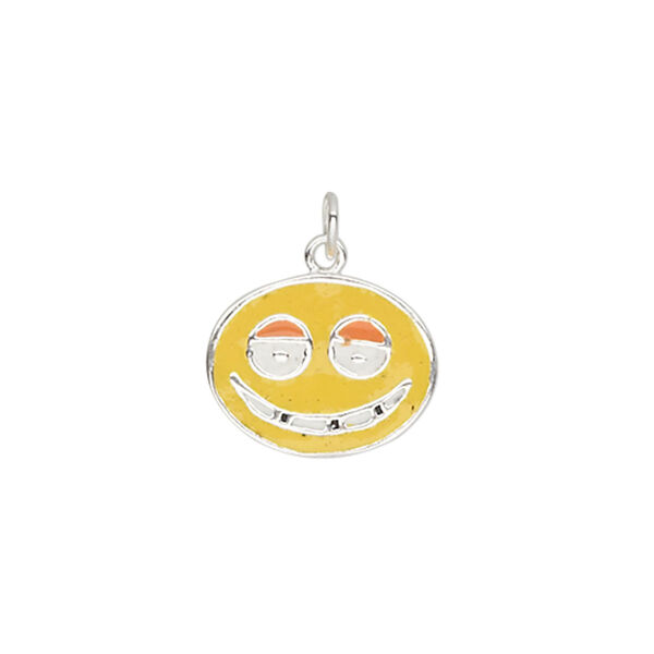 Charm, sterling silver and enamel, multicolored, 16x13mm single-sided flat oval with grinning face. Sold individually. image number 0