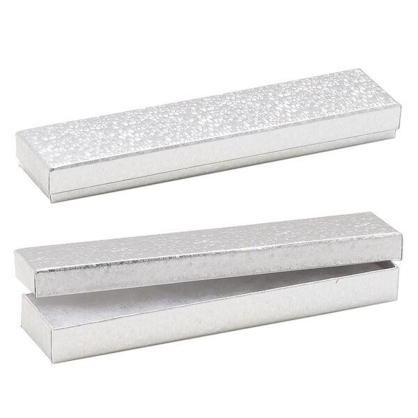 Box, paper, "cotton"-filled, silver, 8-1/8 x 1-7/8 x 7/8 inch rectangle. Sold per pkg of 10. image number 0