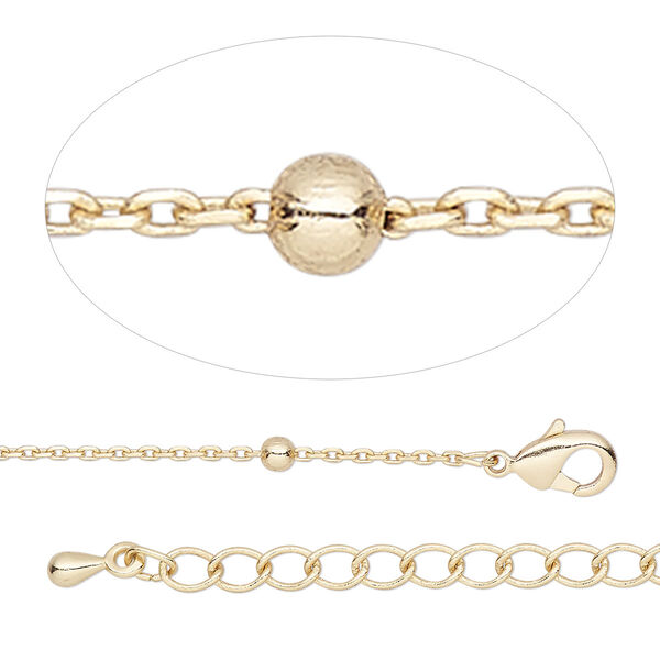 Chain 1pkg1 brass 1mm cable / 2.5mm ball 18 inches with 2-inch extender chain / lobster claw clasp, gold finish image number 0