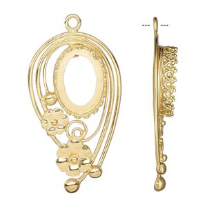 Focal, JBB Findings, gold-plated brass, 34x20mm-36x20mm single-sided with flower design and 14x10mm oval bezel setting. Sold individually.