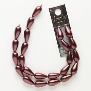 Bead, glass pearl, pkg/18 inches, 19x10mm teardrop, burgundy.