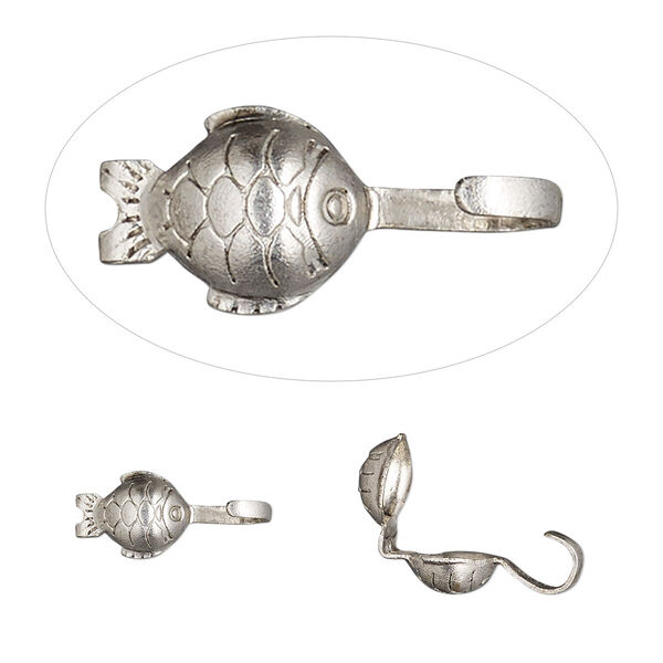 Bead tip, Hot Tips®, antique silver-plated brass, 9x5mm bottom clamp-on fish with open loop. Sold per pkg of 100. image number 0