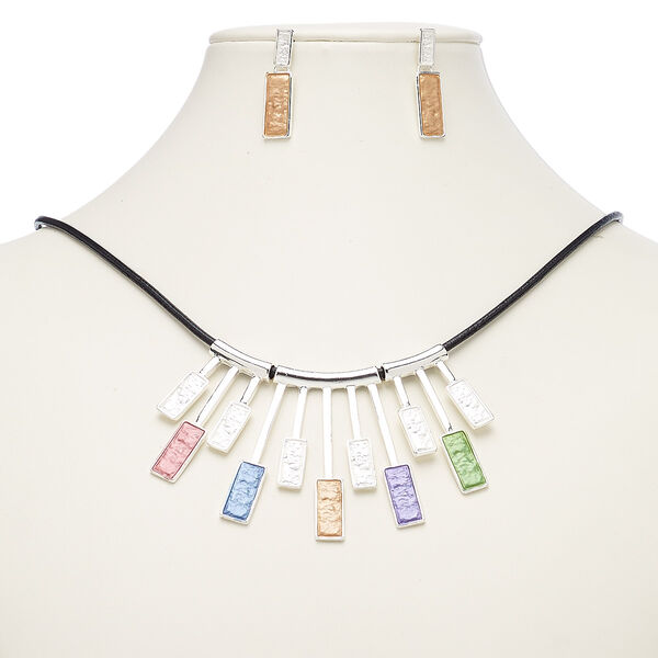 Necklace and earring set, leather (dyed) / enamel / imitation rhodium-plated steel / brass / "pewter" (zinc-based alloy), multicolored, geometric fan, 18-inch necklace with 2-inch extender chain and lobster claw clasp, 31.5mm earrings with post. Sold per set. image number 0