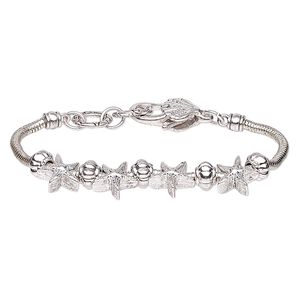 Bracelet, antique silver-plated brass and steel, 14mm wide with starfish, 7-1/2 inches with lobster claw clasp. Sold individually.
