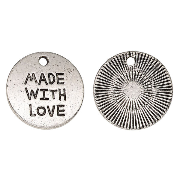 Drop, antique silver-finished "pewter" (zinc-based alloy), 19mm single-sided flat round with "MADE WITH LOVE." Sold per pkg of 2. image number 0