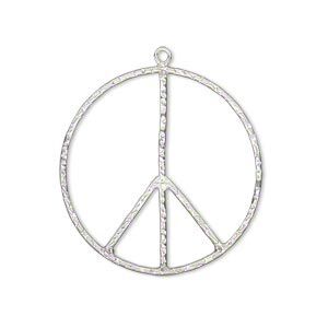 Charm, sterling silver, 28mm textured peace sign. Sold individually.