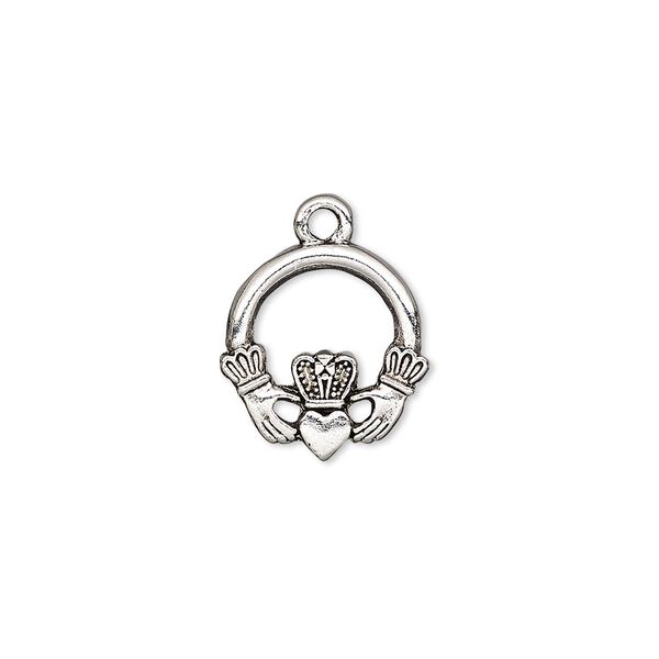 Charm, antique silver-plated pewter (tin-based alloy), 15x14mm single-sided Claddagh. Sold per pkg of 2. image number 0