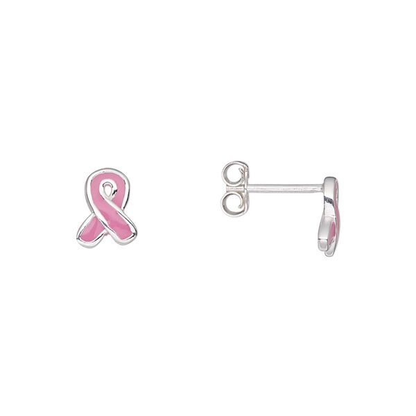 Earstud, sterling silver and enamel, pink, 8.5x6.5mm breast cancer awareness ribbon with post. Sold per pair. image number 0