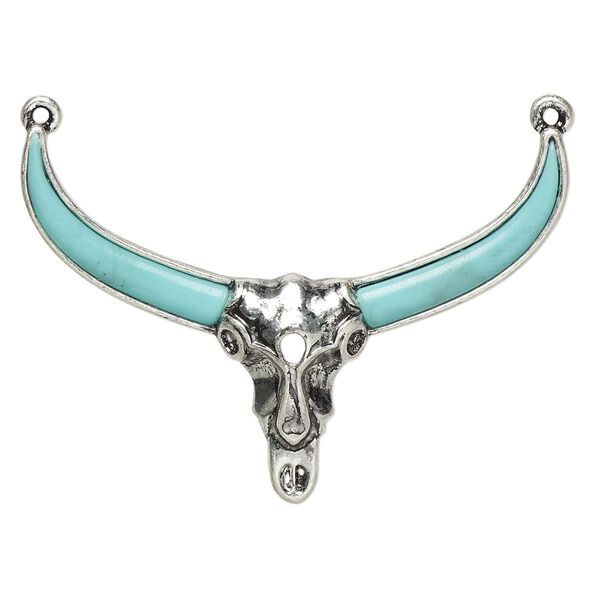 Focal, "turquoise" (resin) (imitation) and antiqued "pewter" (zinc-based alloy), blue, 50x33mm single-sided steer skull with 2 loops. Sold individually. image number 0