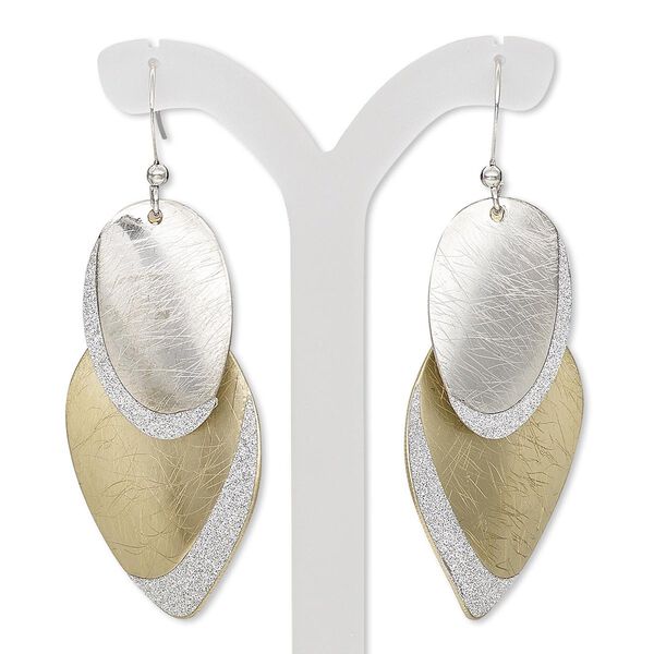 Earring, gold-finished / imitation rhodium-plated steel / brass, 2-1/3 inches with brushed and stardust oval with fishhook ear wire. Sold per pair. image number 0