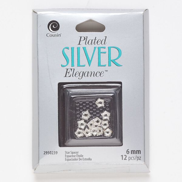 Bead cap, lacquer and silver-plated brass, 5.5x2.5mm beaded star, fits 6-8mm round beads. Sold per pkg of 12. image number 0