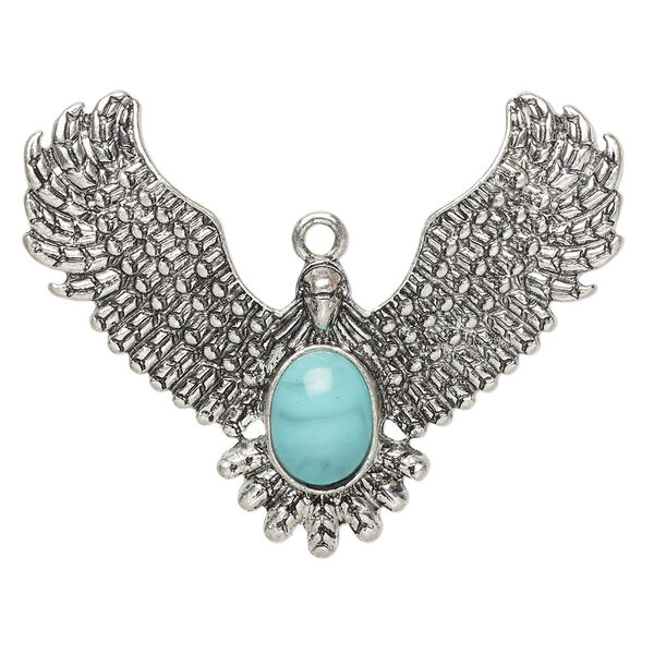 Focal, "turquoise" (resin) (imitation) and antiqued "pewter" (zinc-based alloy), blue, 45x36mm single-sided eagle with slightly curved wings. Sold individually. image number 0