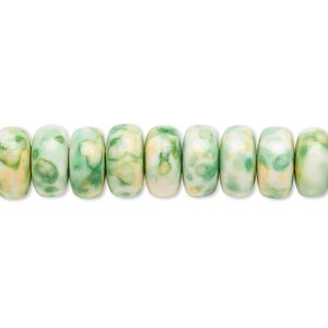 Bead, resin and painted ceramic, green / white / yellow, 10x5mm rondelle. Sold per 15-1/2" to 16" strand.