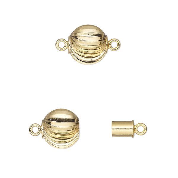 Clasp, magnetic, gold-plated brass, 10mm corrugated round. Sold individually. image number 0