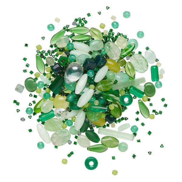 Bead mix, Czech pressed glass, opaque to transparent multi-green, 5x4-35x8mm mixed shapes. Sold per 4-ounce pkg, approximately 455 beads. image number 0