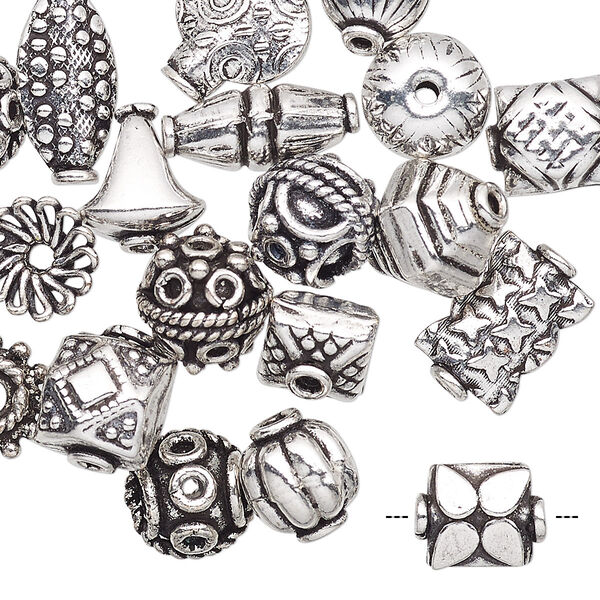 Bead and bead cap, antique silver-plated copper, 8x5mm-15x10mm assorted shape. Sold per pkg of 20. image number 0