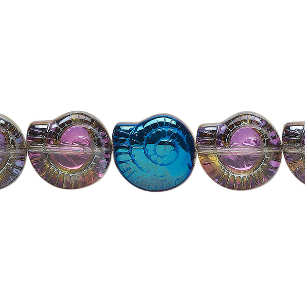 Bead, glass, translucent half-coated metallic blue and vitrail, 12x11.5mm nautilus shell. Sold per 15-1/2" to 16" strand. image number 0