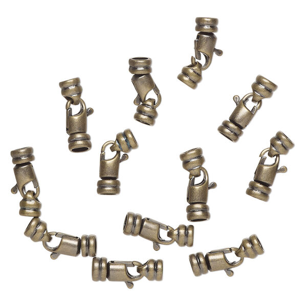 Clasp, lobster claw, antique brass-finished "pewter" (zinc-based alloy), 18x6mm with glue-in cord ends, 3.5mm inside diameter. Sold per pkg of 12. image number 0