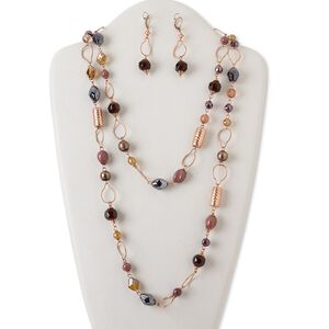 Necklace and earring set, copper-finished steel, aluminum and brass / acrylic / lampworked glass, purple and brown, multi-shape, 54-inch continuous loop, 2-3/4 inch earrings with leverback ear wire. Sold per set.