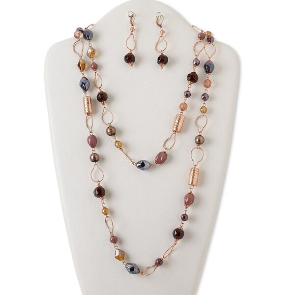 Necklace and earring set, copper-finished steel, aluminum and brass / acrylic / lampworked glass, purple and brown, multi-shape, 54-inch continuous loop, 2-3/4 inch earrings with leverback ear wire. Sold per set. image number 0