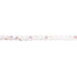 Bead, Czech fire-polished glass, opaque white AB, 3mm faceted round. Sold per pkg of 1,200 (1 mass).