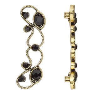 Spacer, antiqued gold-finished "pewter" (zinc-based alloy) and Czech glass rhinestone, black, 45x13mm 2-strand with fancy design. Sold per pkg of 4.