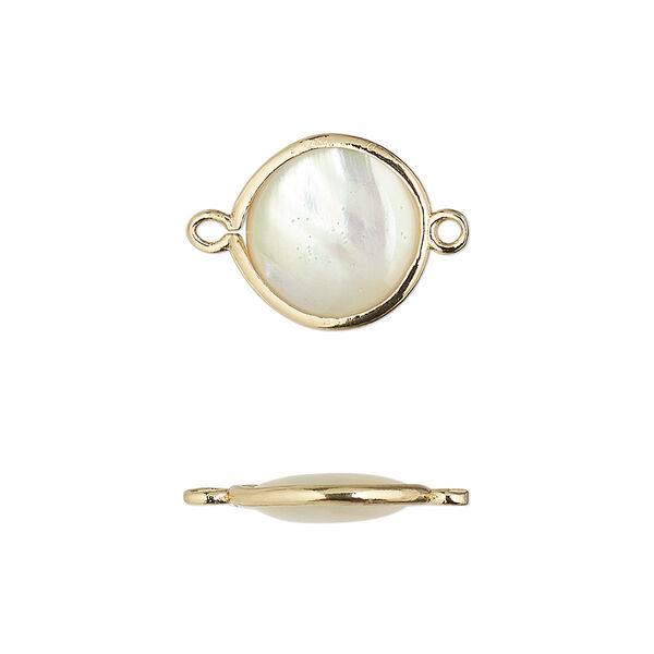 Link, mother-of-pearl shell and gold-finished brass (assembled), 12.5mm-13.5mm double-sided round. Sold per pkg of 4. image number 0