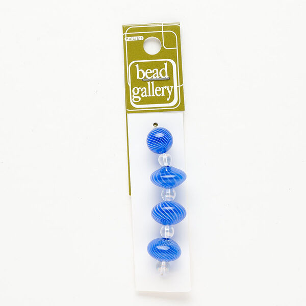 Bead 1pkg4 handblown glass, 12mm round / 16x10mm-16x11mm saucer / line design, assortment translucent blue / white image number 0
