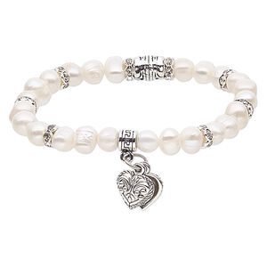 Bracelet, stretch, cultured freshwater pearl (bleached) / glass rhinestone / silver- / antique silver-plated steel / "pewter" (zinc-based alloy), white and clear, 7mm wide with 10x10mm heart, 6-1/2 inches. Sold individually.