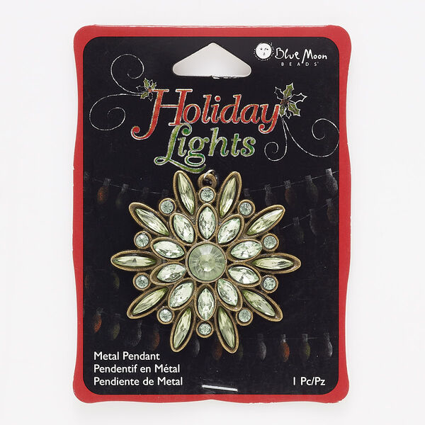 Focal, antique gold-finished "pewter" (zinc-based alloy) and glass, green, 48x45mm flower. Sold individually. image number 0